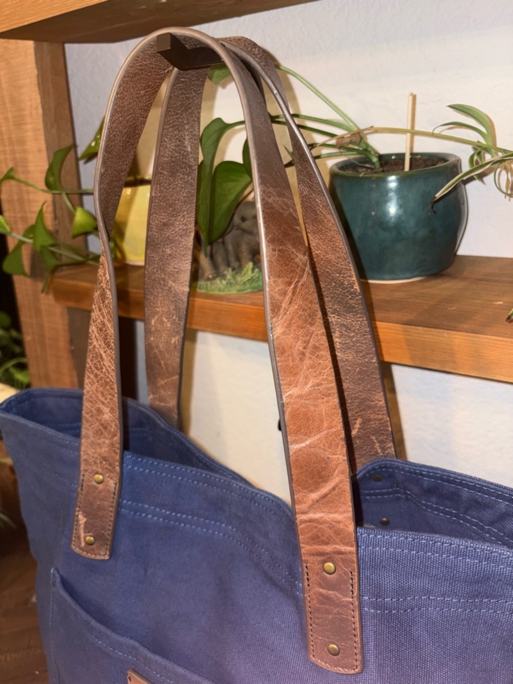 ❤️G.H. Bass & Co Navy Canvas Tote Leather Straps Everyday Bag - Picture 3 of 6